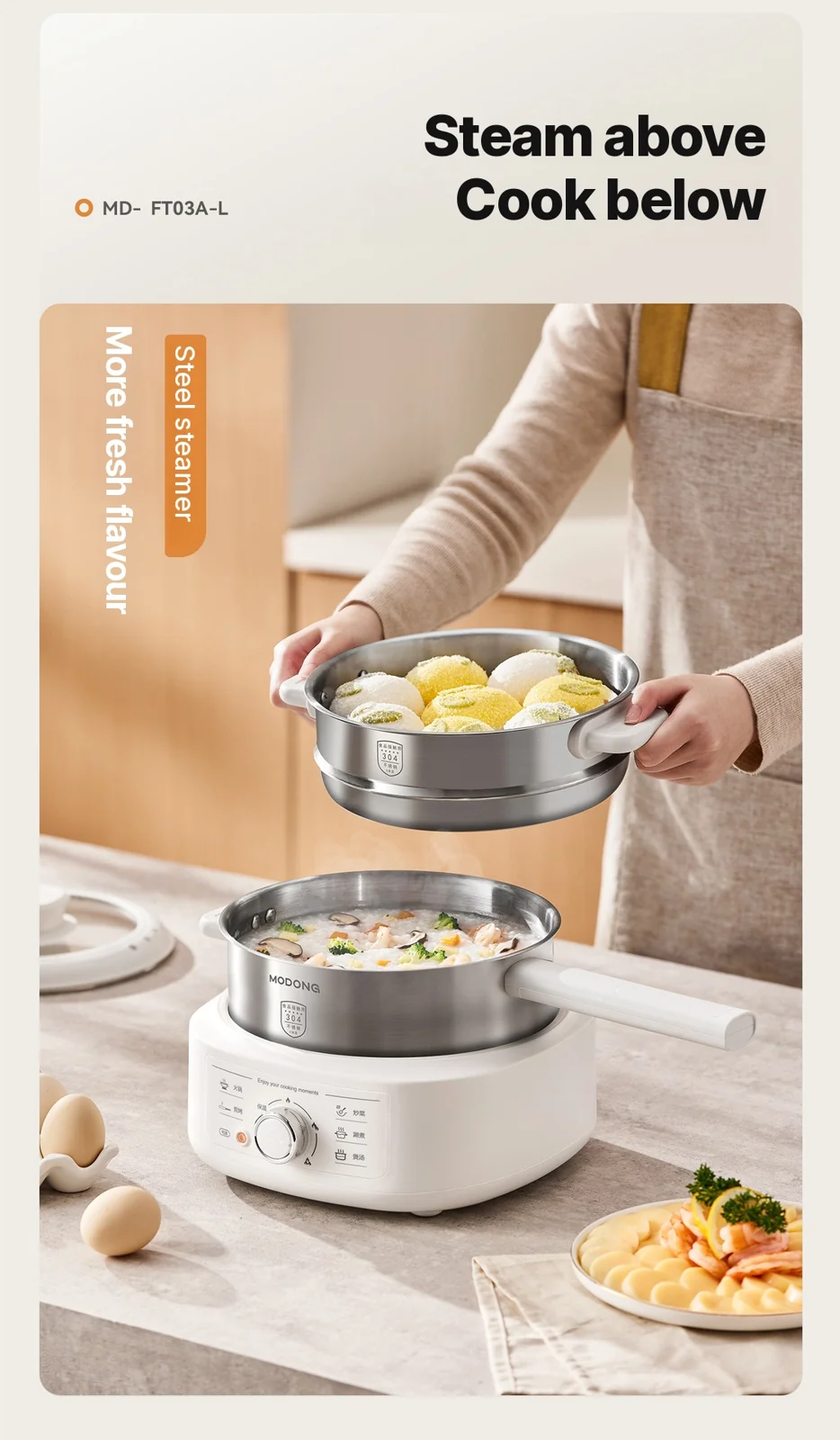Rustfrit stål elektrisk hotpot med damper, 3L, 220V