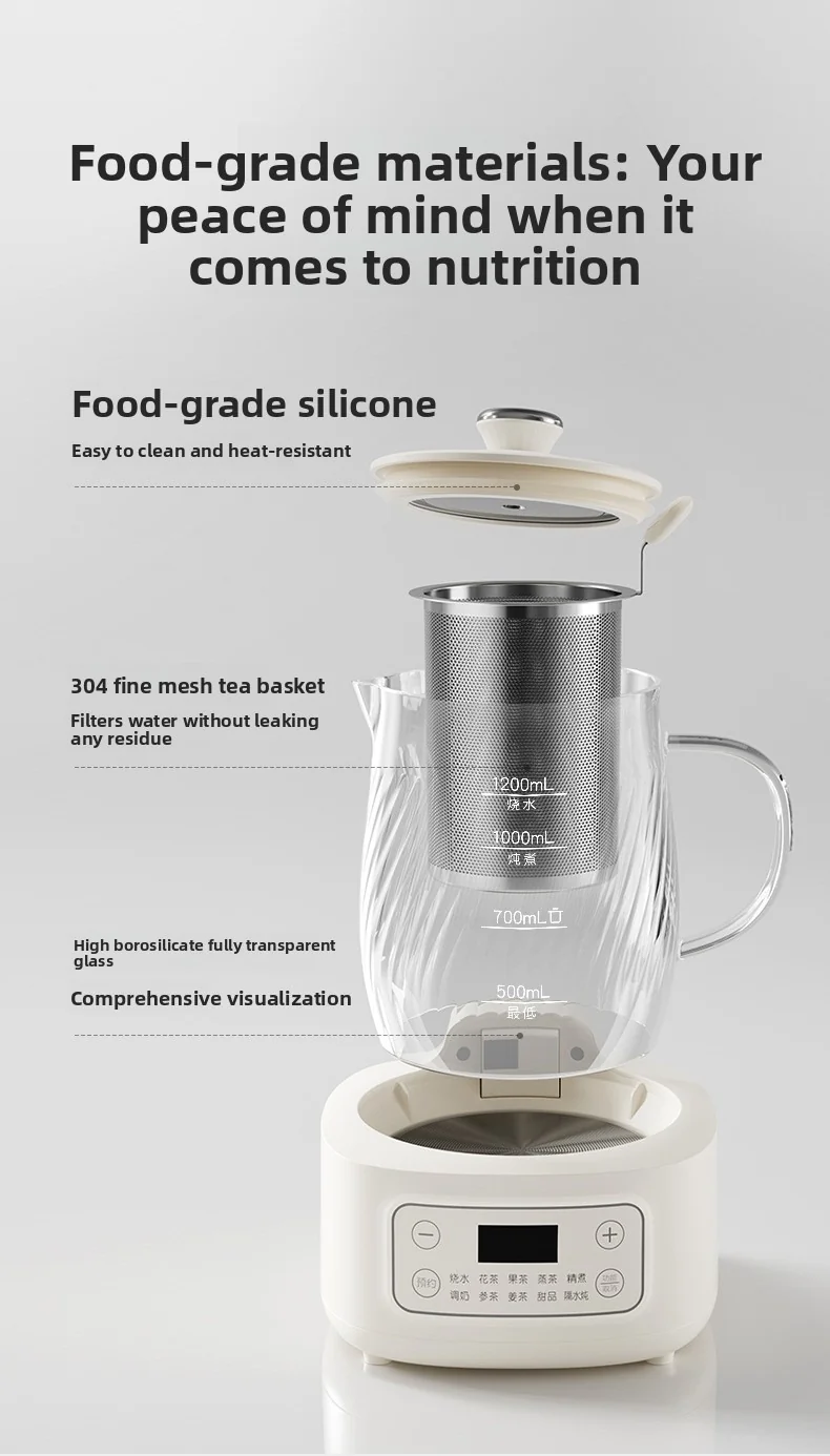 Glas elektrisk health pot med temperaturstyring 1.2L