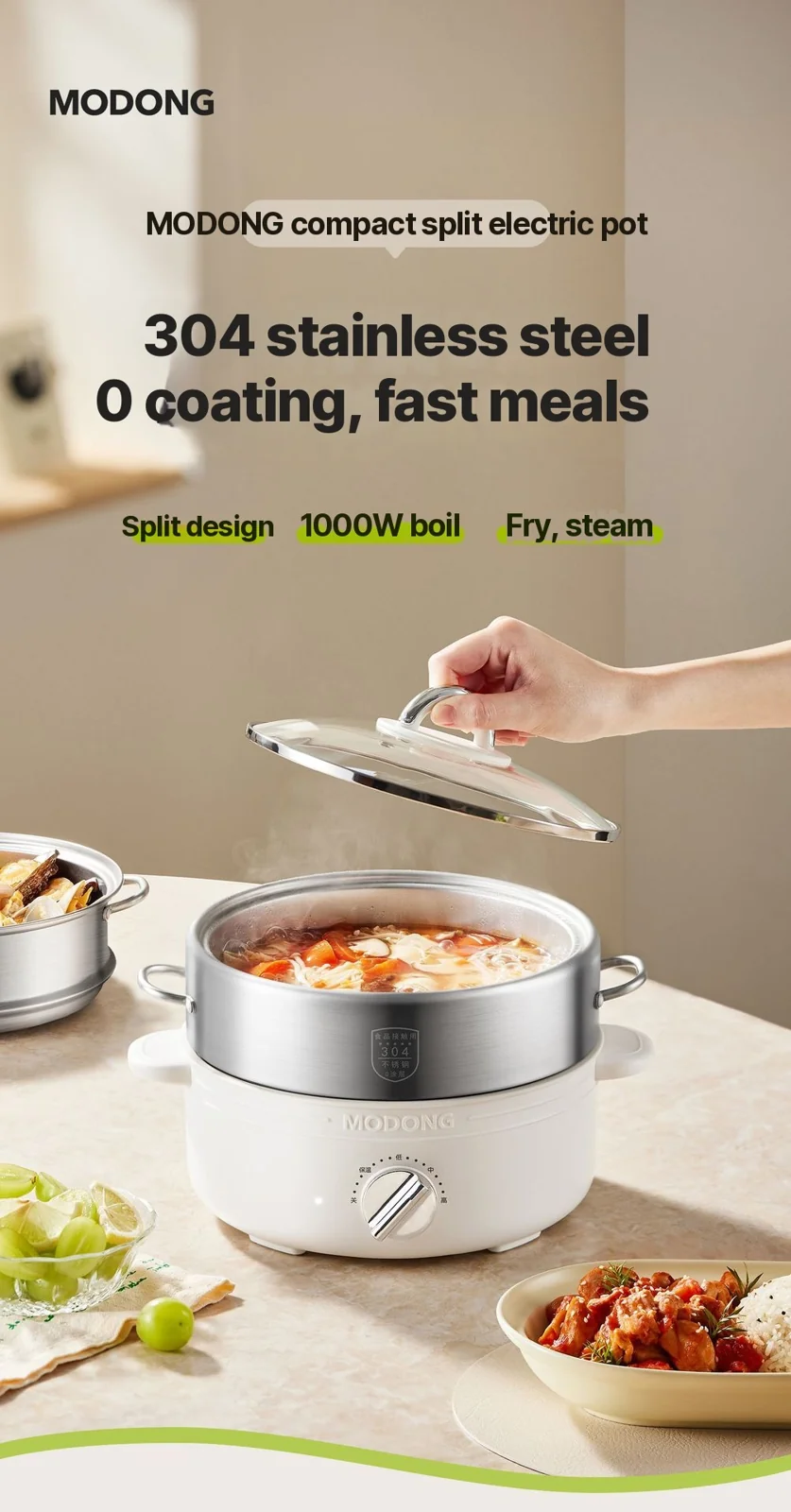 Gesplitste elektrische hotpot van roestvrij staal, 2L, 3 warmtestanden