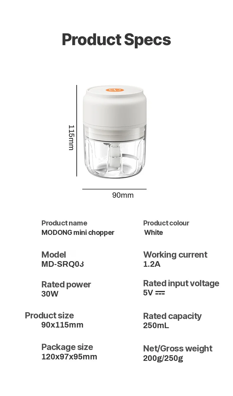 Bærbar elektrisk hvidløgshakker 250 ml trådløs foodprocessor