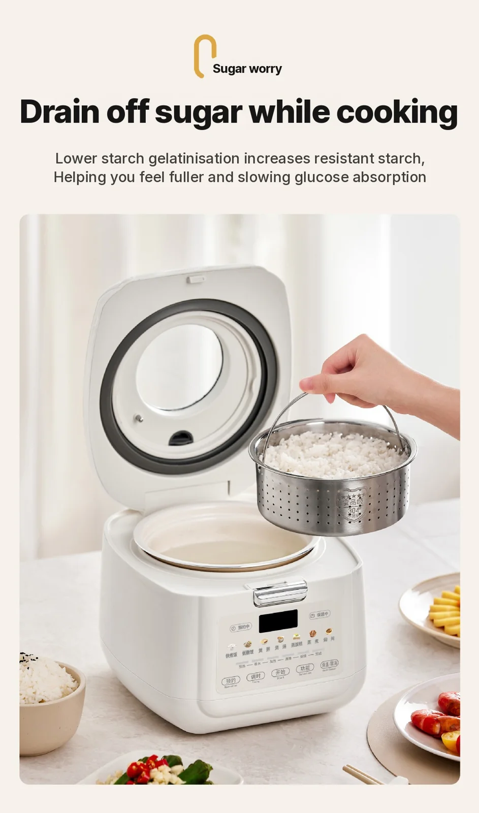 2L Electric Rice Cooker With Low-Sugar Cooking and Keep Warm