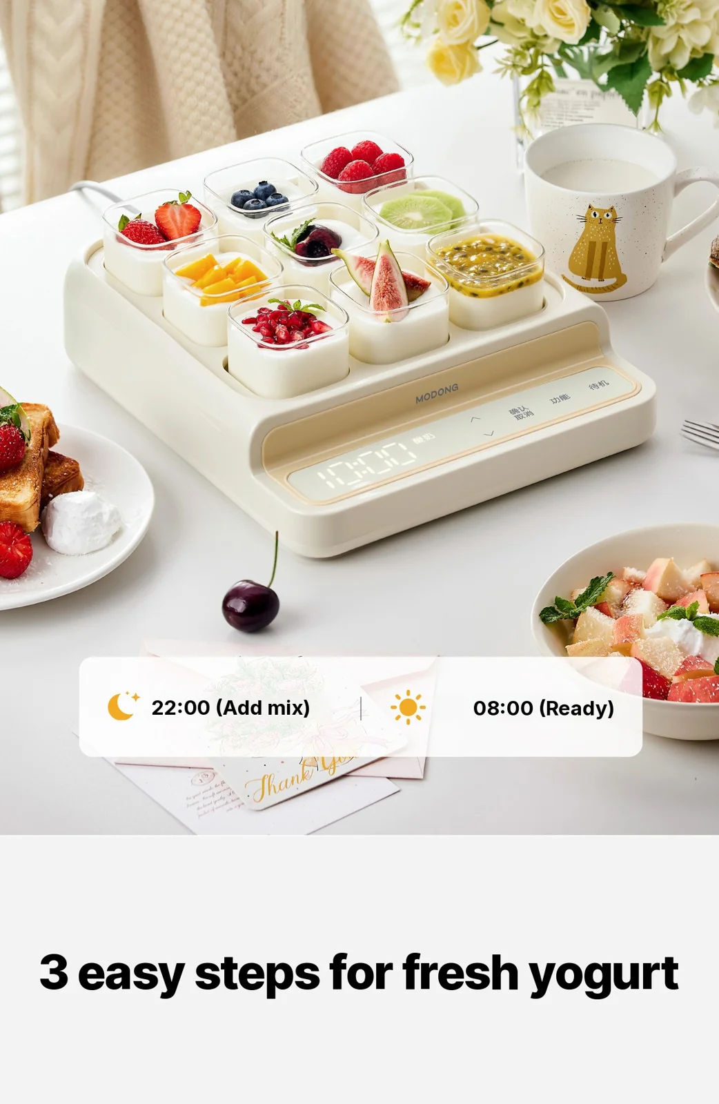 Elektrisk yoghurtmaskine med 9 koprum og glas-indergryde