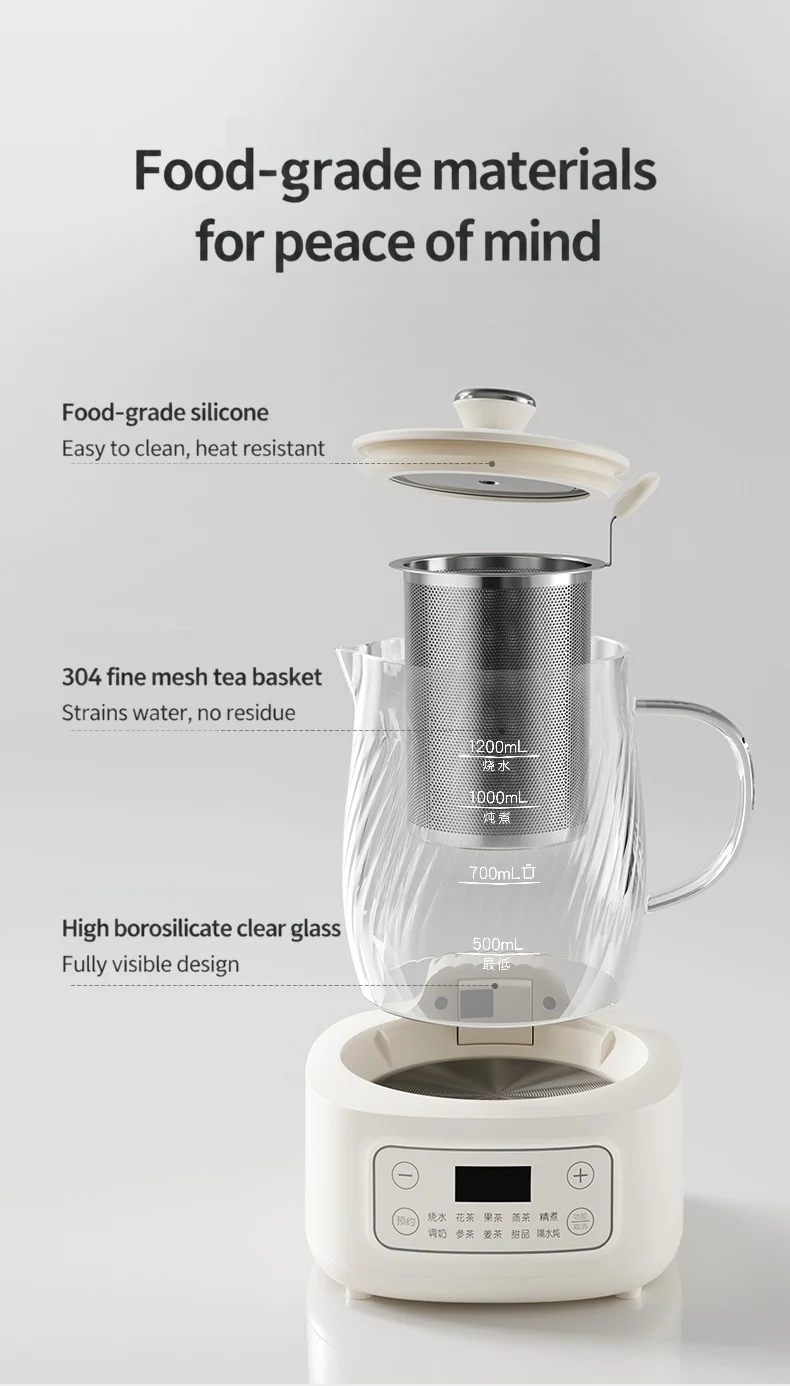 Bouilloire santé électrique en verre avec contrôle de température 1,2 L