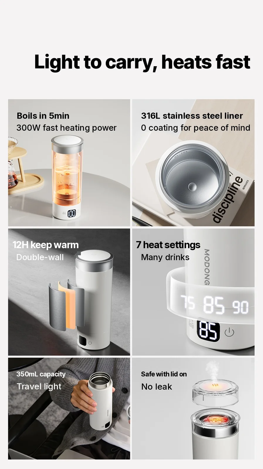 Prenosný elektrický hrnček na ohrev vody 350ml 316L nehrdzavejúca oceľ