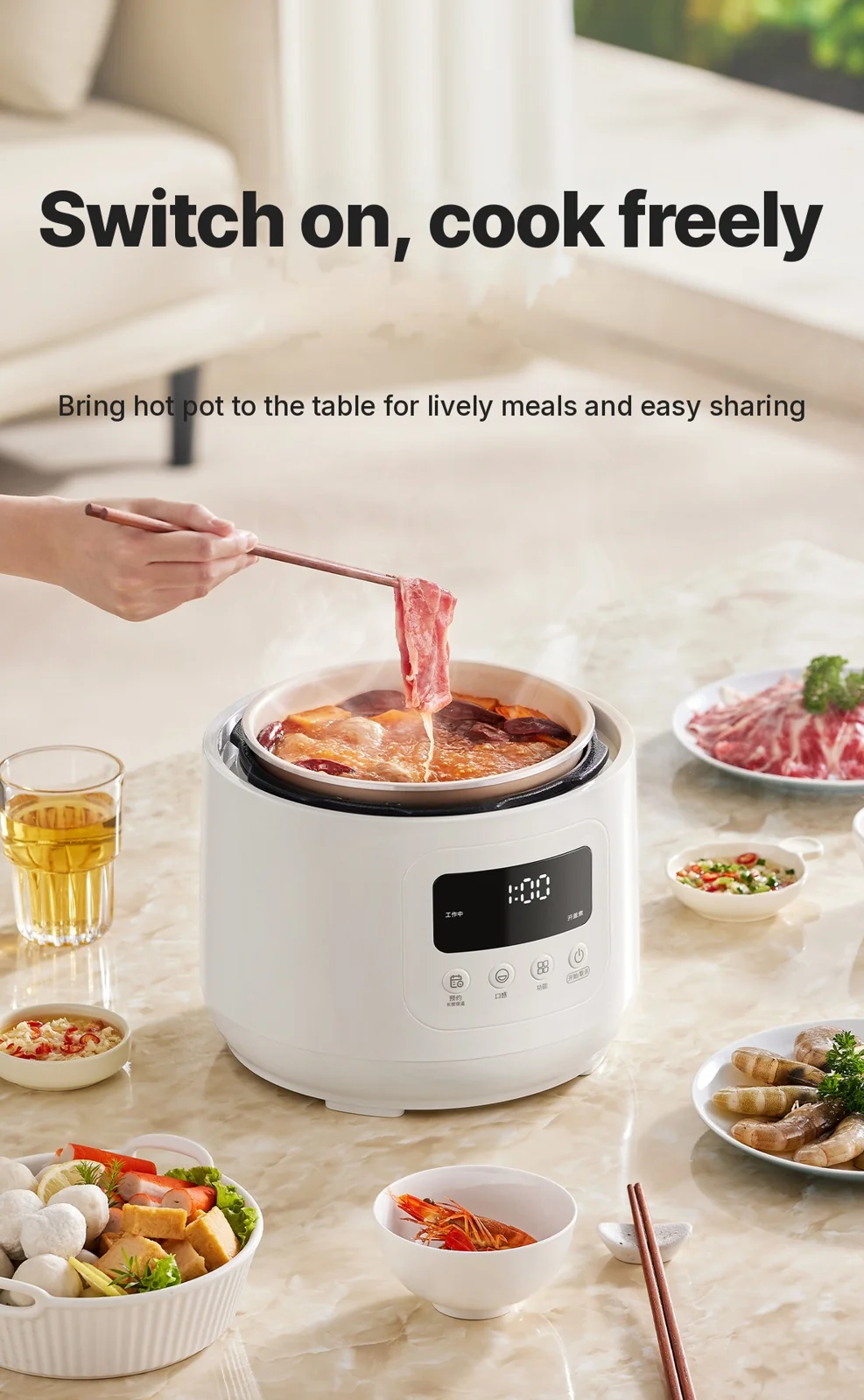 Panela de Pressão Elétrica 4L com Revestimento Cerâmico, 800W, Controle por Toque
