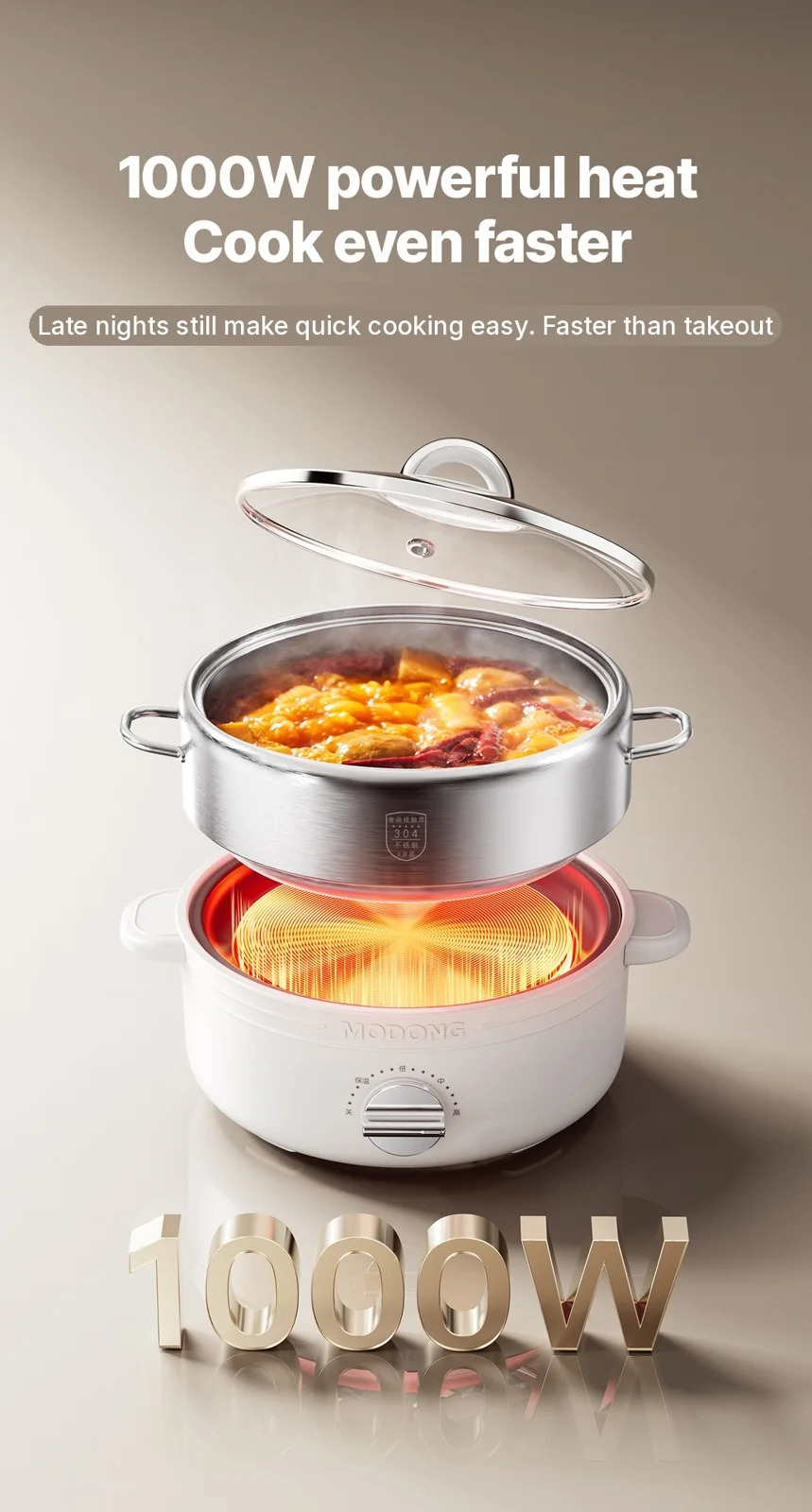 Osztott elektromos hot pot rozsdamentes acélból, 2L, 3 hőfokozat