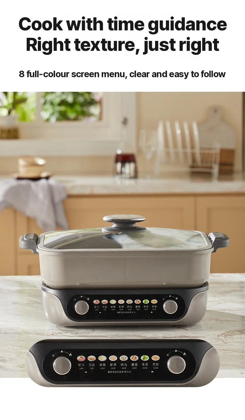 Hot pot électrique divisé, commande à double molette, 8L, noir