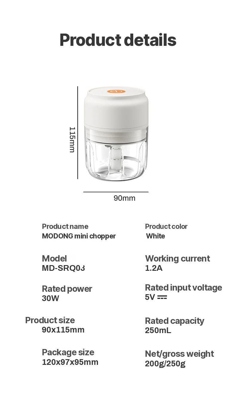 Draadloze elektrische knoflookhakbeker 250mL 5V 30W kunststof