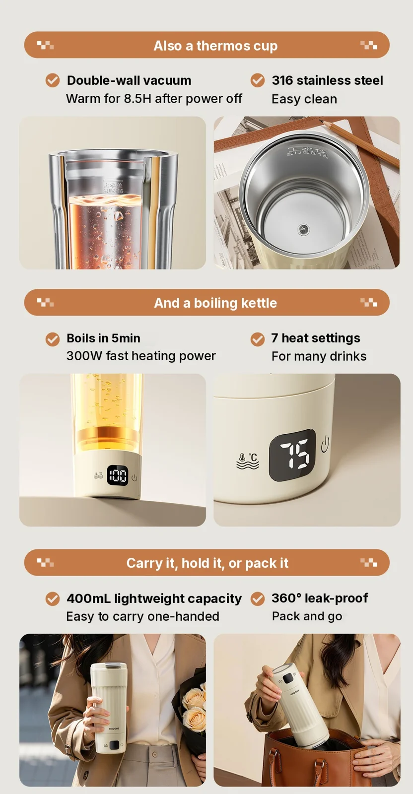 Tragbarer elektrischer Heizbecher, 400mL, 7 Temperaturstufen
