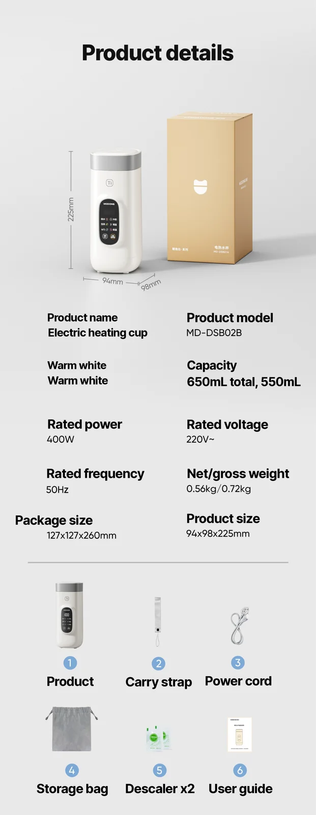 Titāna elektriskā ceļojumu ūdens sildkrūze, 650ml, 220V