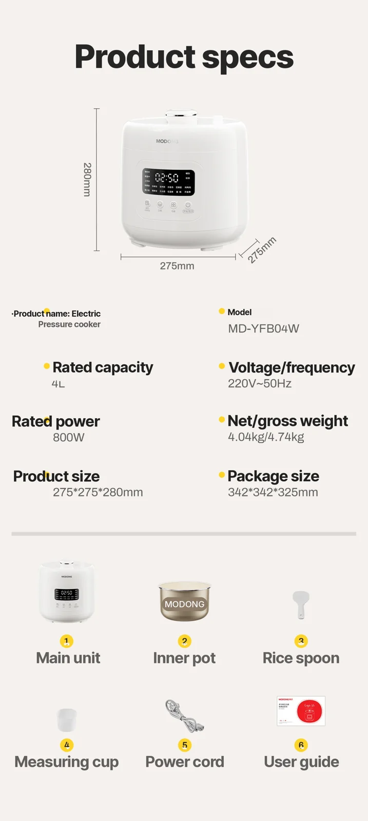 Panela de Pressão Elétrica 4L com Revestimento Cerâmico, 800W, Controle por Toque