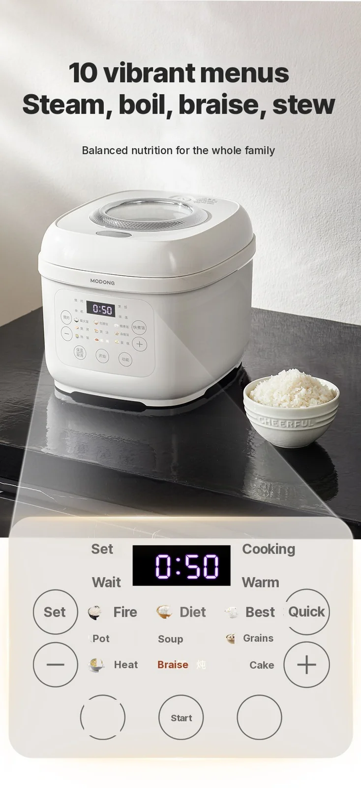 3L Electric Rice Cooker with Ceramic Inner Pot, 600W