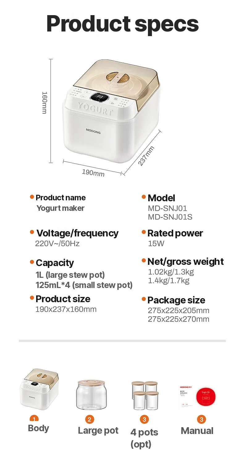 Automata joghurtkészítő és erjesztő, 500-1000ml, 220V