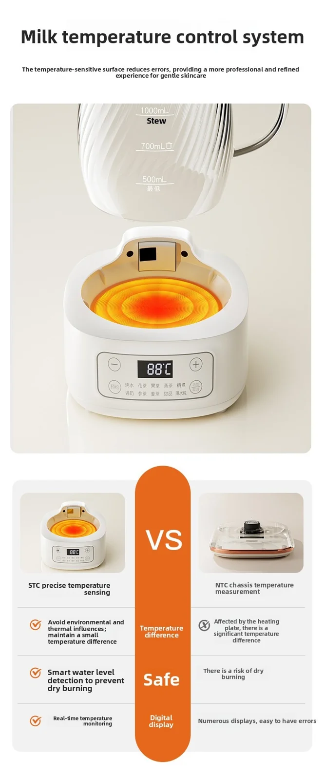 Glas elektrisk health pot med temperaturstyring 1.2L