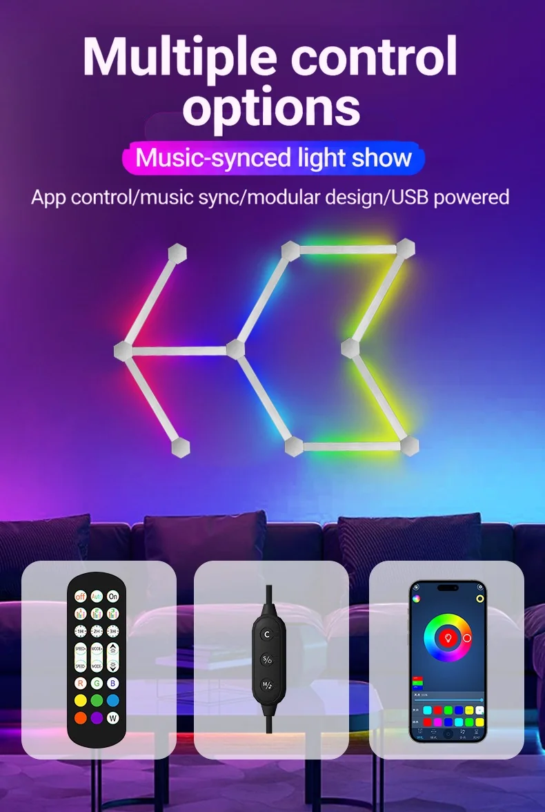 Inteligentné RGB LED nástenné svetlá s možnosťou spájania, ovládaním cez aplikáciu a synchronizáciou hudby