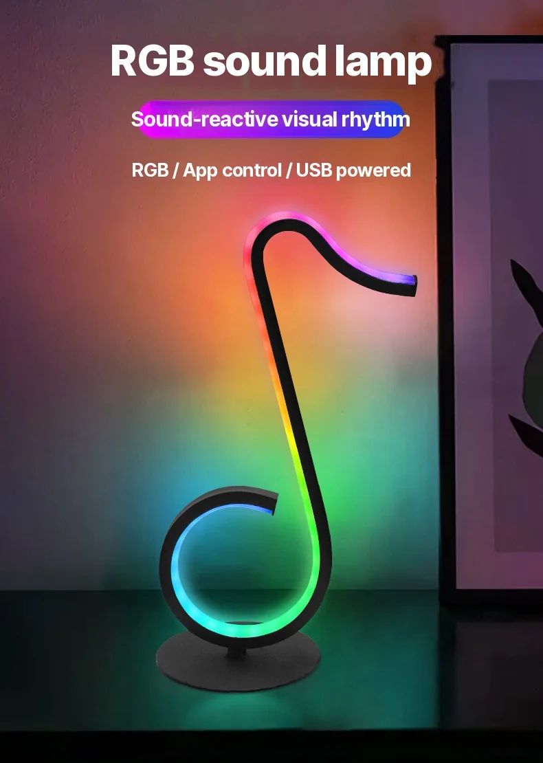 Luminária de Mesa USB com Design de Nota Musical RGB e Controle Remoto