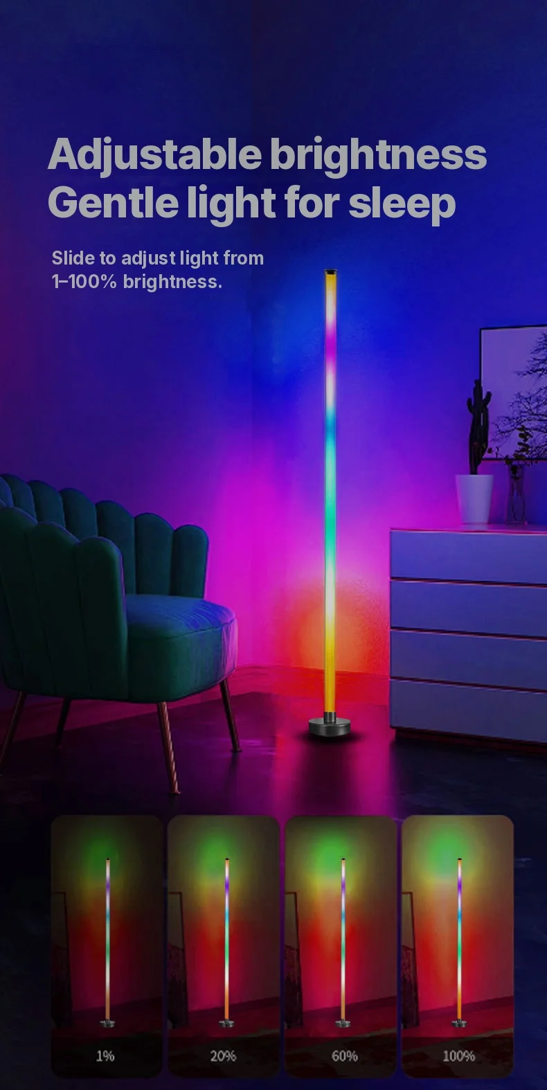 مصباح أرضي زاوي RGB LED مع مزامنة موسيقى وتحكم عبر التطبيق والجهاز عن بعد