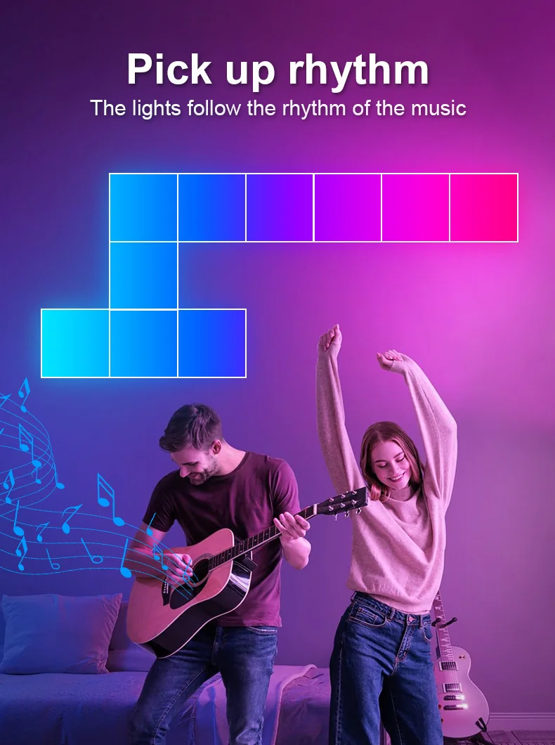 Kwadratowe panele świetlne RGB z synchronizacją muzyki, montaż na ścianie