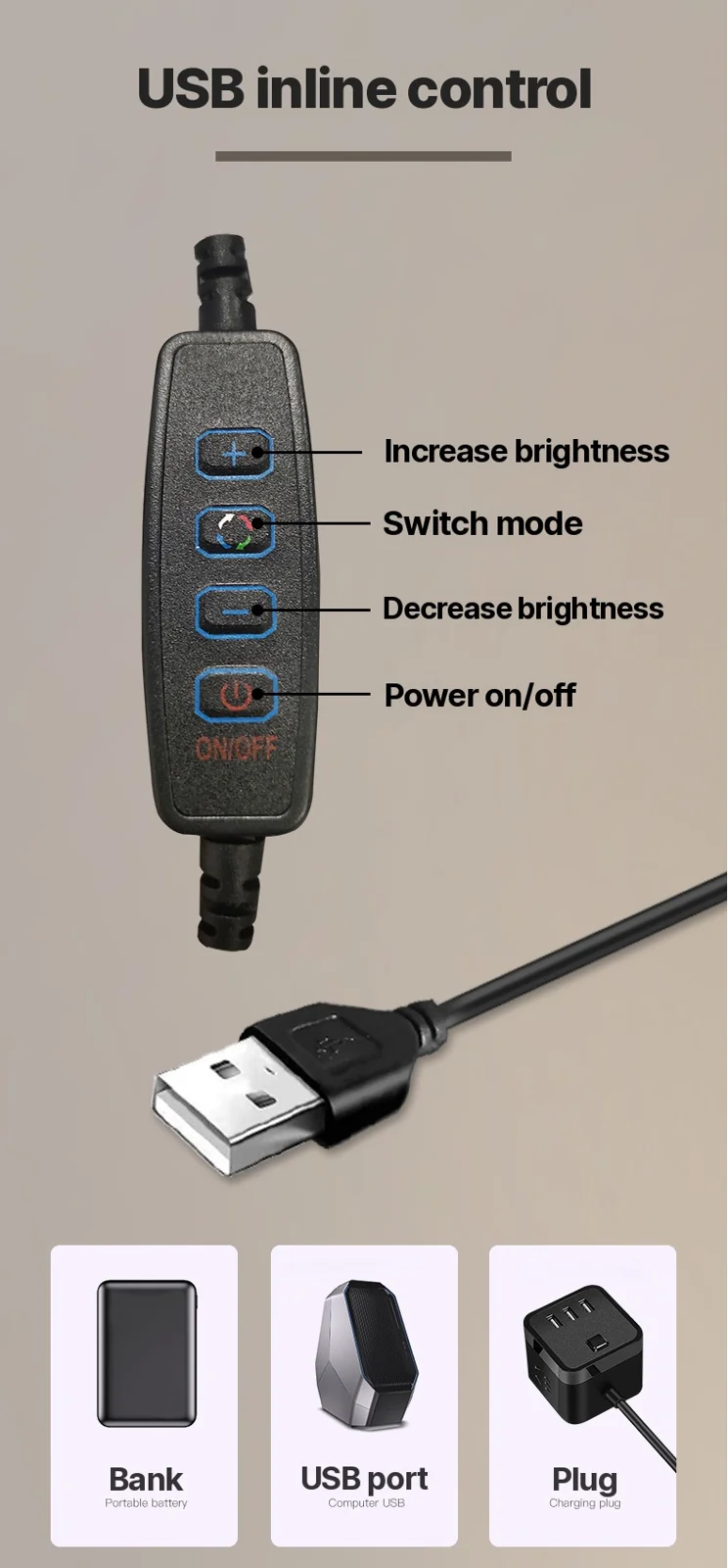 USB-Stehlampe mit Stativ und drei Farbmodi