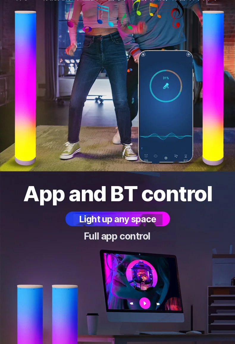 RGB põrandalamp kaugjuhtimispuldi ja rakendusega mänguritoale
