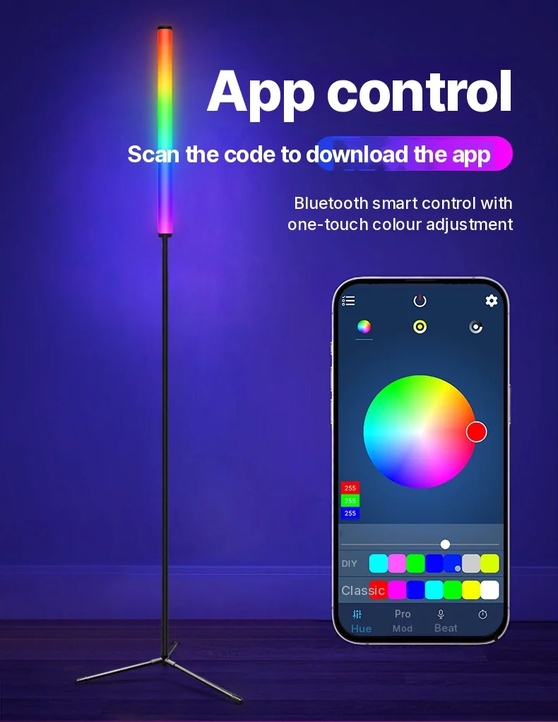 Lampă de podea RGB cu schimbare culori, sincronizare muzicală și control prin aplicație