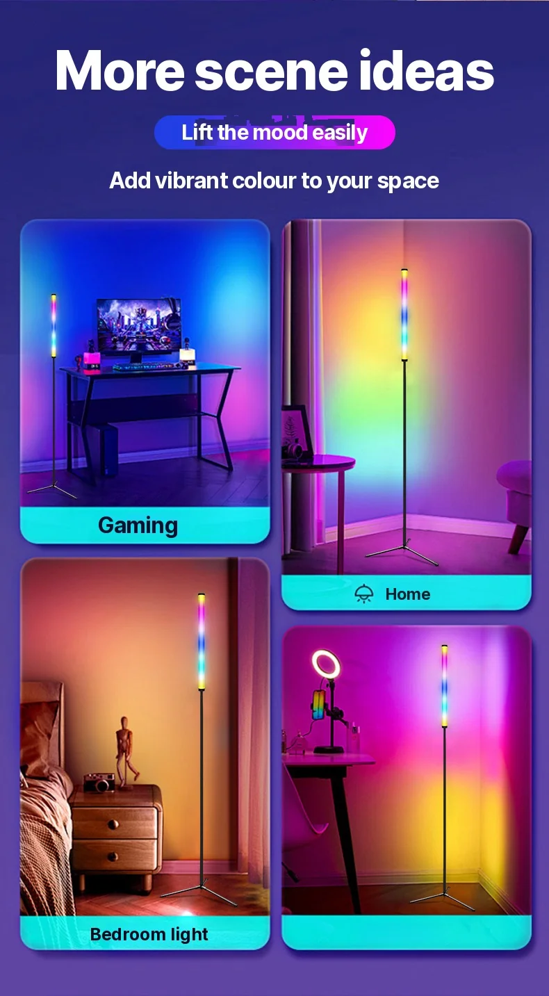 Lampă de podea RGB cu schimbare culori, sincronizare muzicală și control prin aplicație