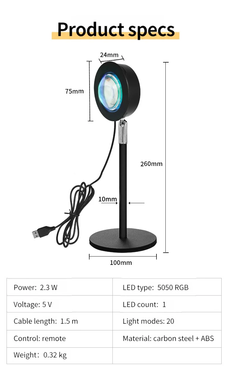 USB päikeseloojangu projektsioonilamp RGB meeleolulamp laua kaunistuseks