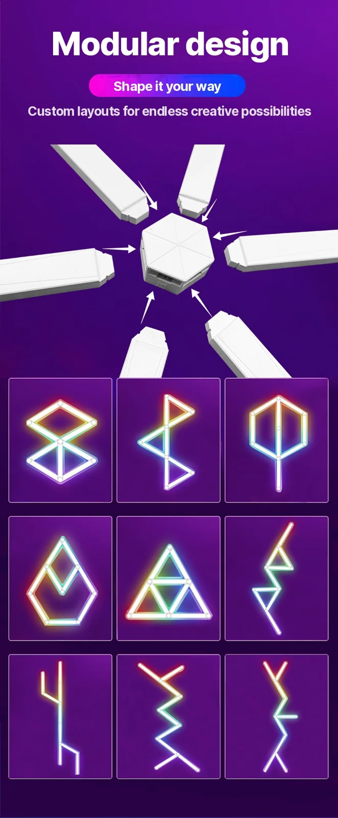 Inteligentné RGB LED nástenné svetlá s možnosťou spájania, ovládaním cez aplikáciu a synchronizáciou hudby