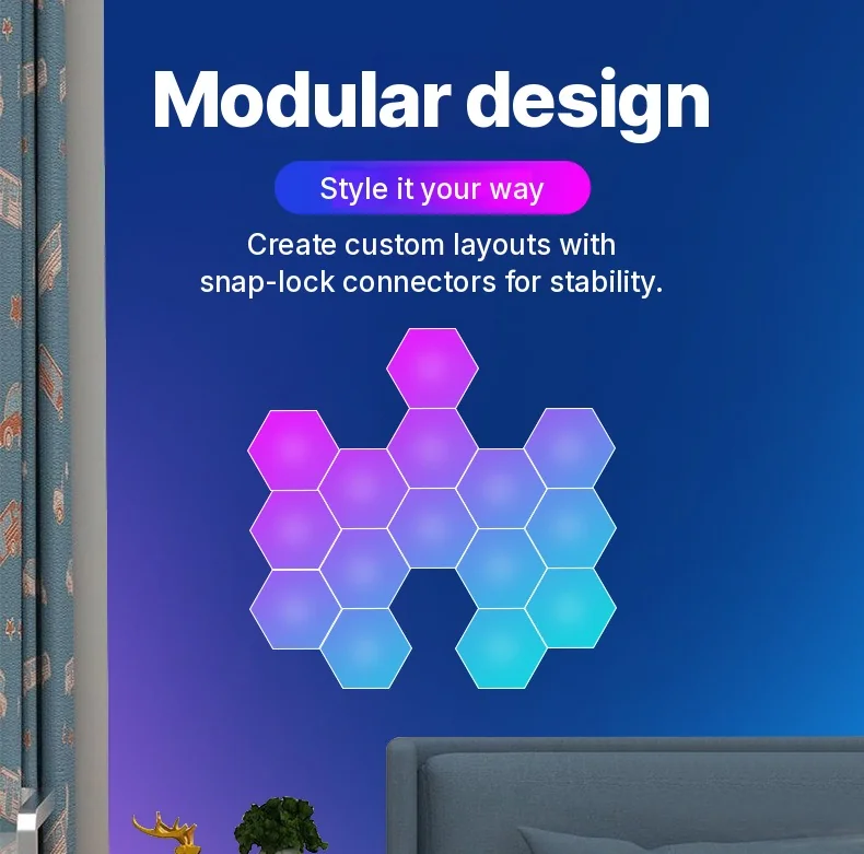 RGB hexagonálne svetelné panely reagujúce na zvuk s ovládaním cez aplikáciu