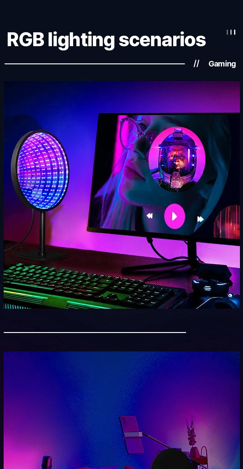 Ümmargune akrüül lõpmatuse peegel 3D kuristiku valgus USB RGB meeleolulamp