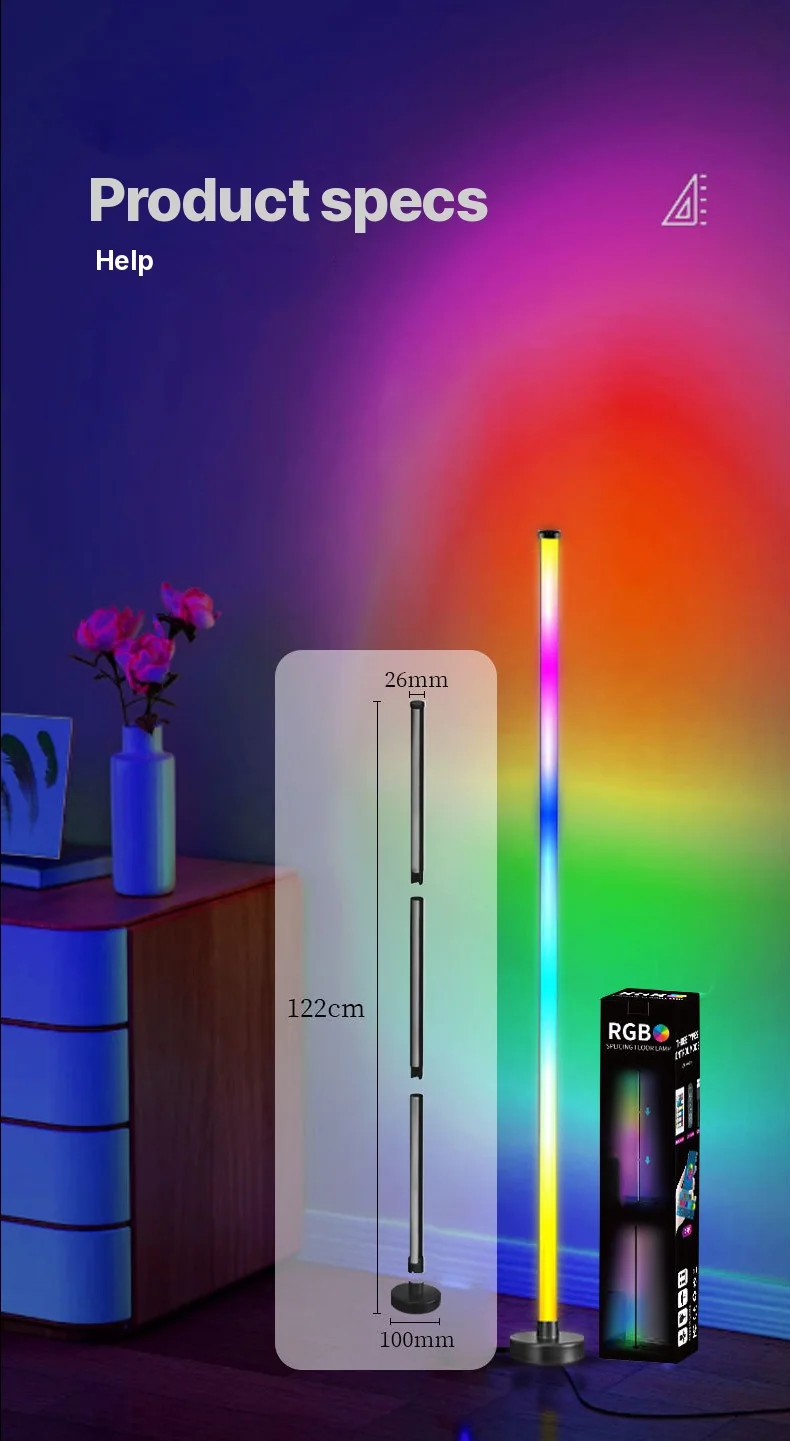 مصباح أرضي زاوي RGB LED مع مزامنة موسيقى وتحكم عبر التطبيق والجهاز عن بعد