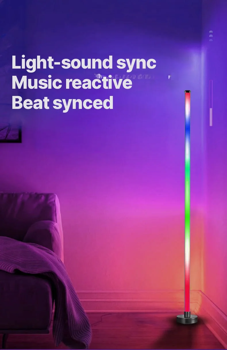 مصباح أرضي زاوي RGB LED مع مزامنة موسيقى وتحكم عبر التطبيق والجهاز عن بعد