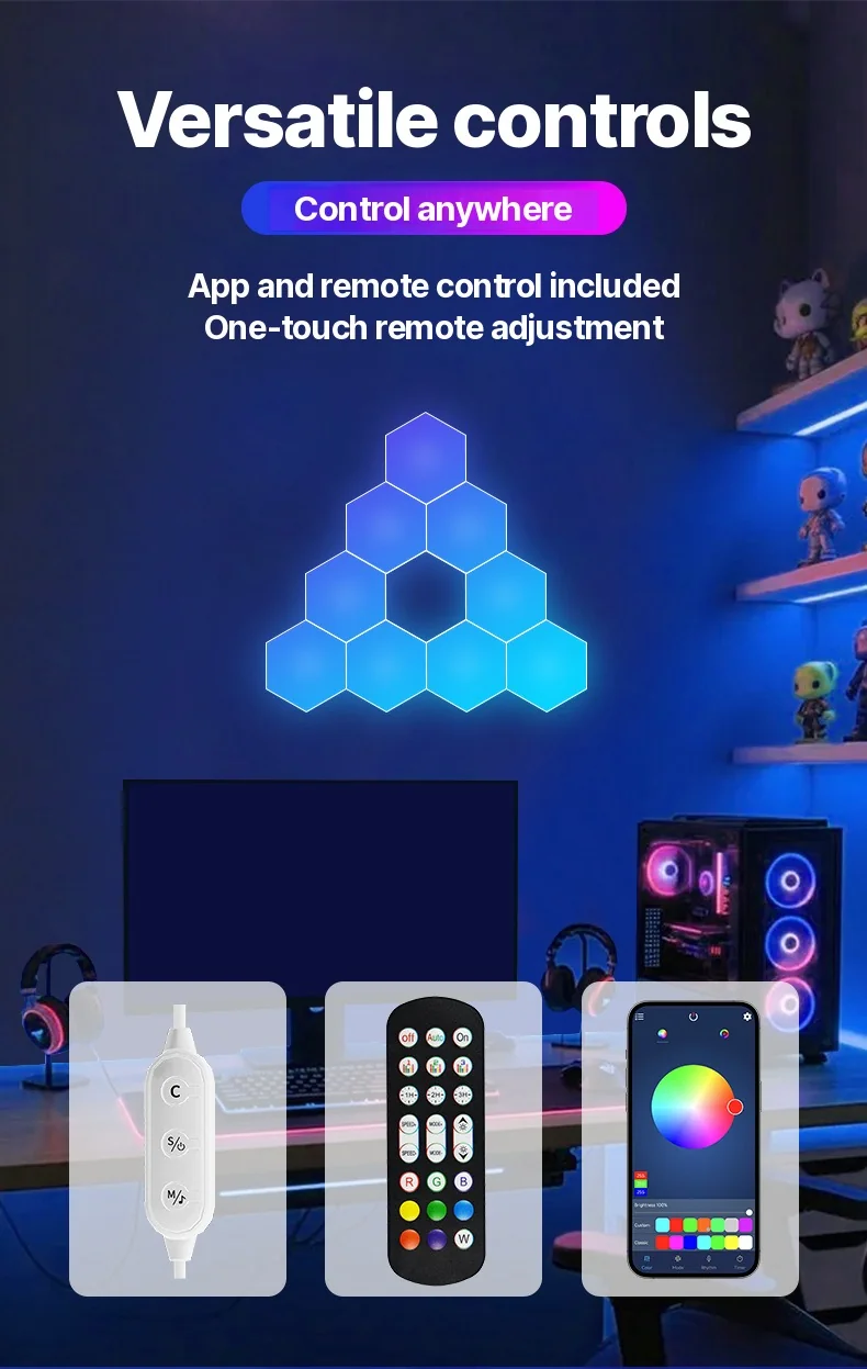 RGB hexagonálne svetelné panely reagujúce na zvuk s ovládaním cez aplikáciu