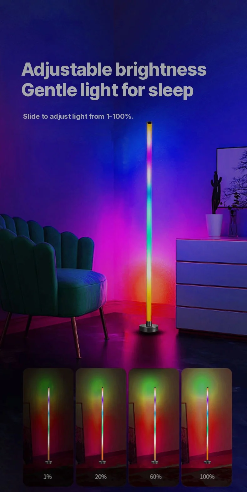 RGB värvimuutuv põrandalamp muusika sünkroonimise ja rakenduse juhtimisega