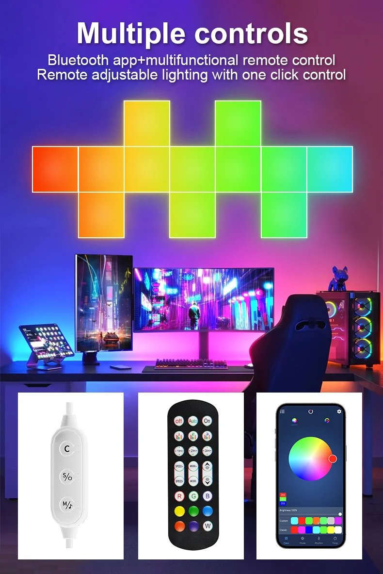 Kwadratowe panele świetlne RGB z synchronizacją muzyki, montaż na ścianie