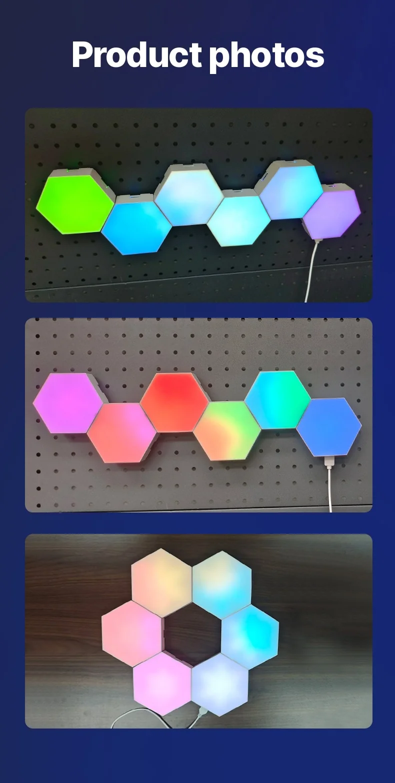 RGB hexagonálne svetelné panely reagujúce na zvuk s ovládaním cez aplikáciu