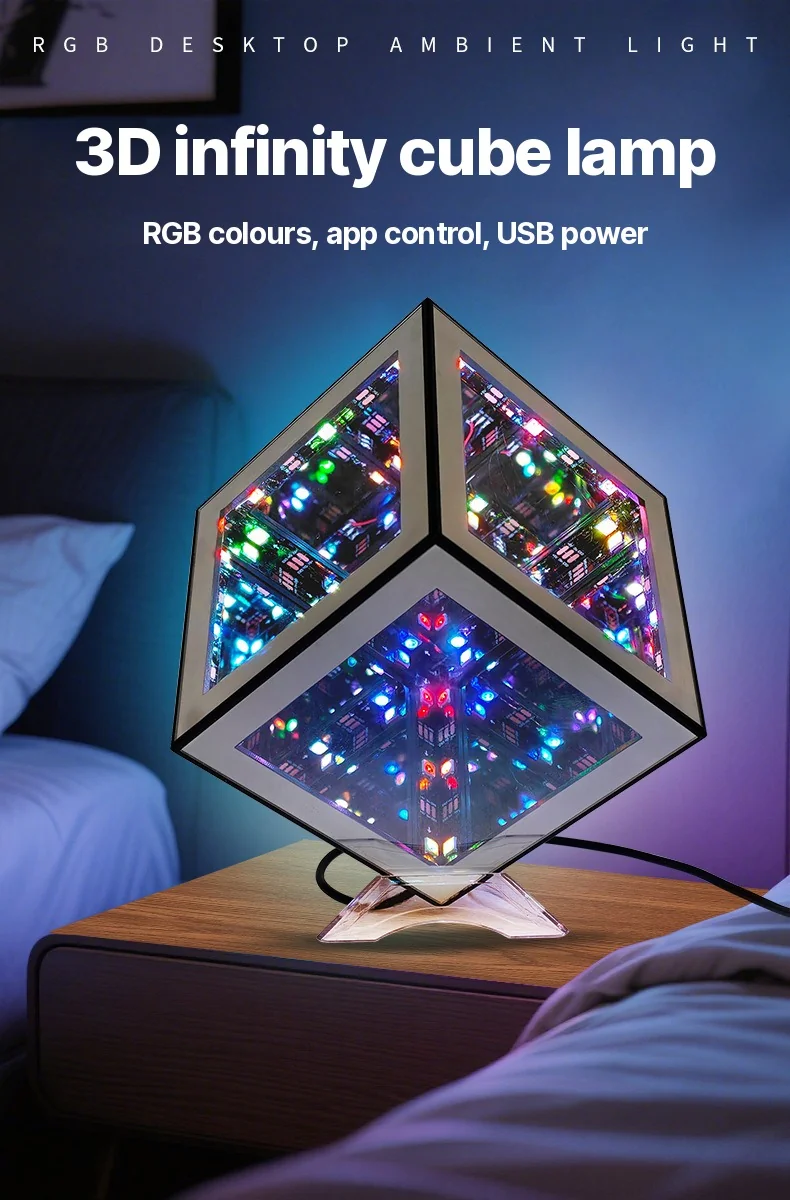 3D Infinity Cube-lampe RGB ambient lys med lydreaktiv modus