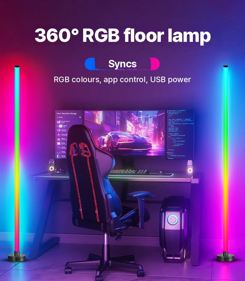 RGB-golvlampa med musiksynk, 360° ljus och appstyrning för gaming