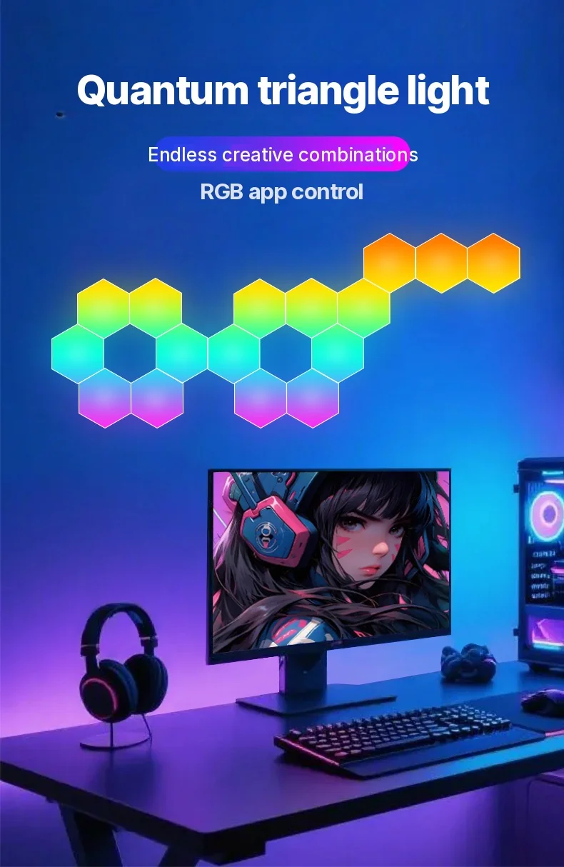 RGB hexagonálne svetelné panely reagujúce na zvuk s ovládaním cez aplikáciu
