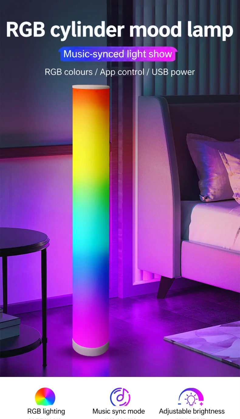 RGB silindrik põrandalamp muusikasünkrooniga ja kaugjuhtimispuldiga kodu sisustuseks