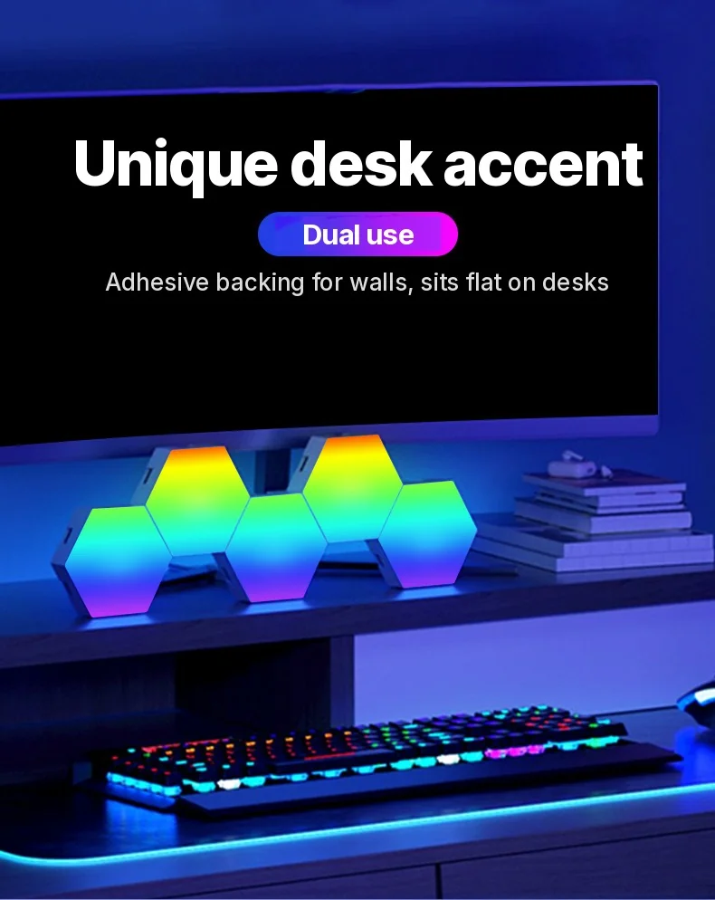 RGB hexagonálne svetelné panely reagujúce na zvuk s ovládaním cez aplikáciu