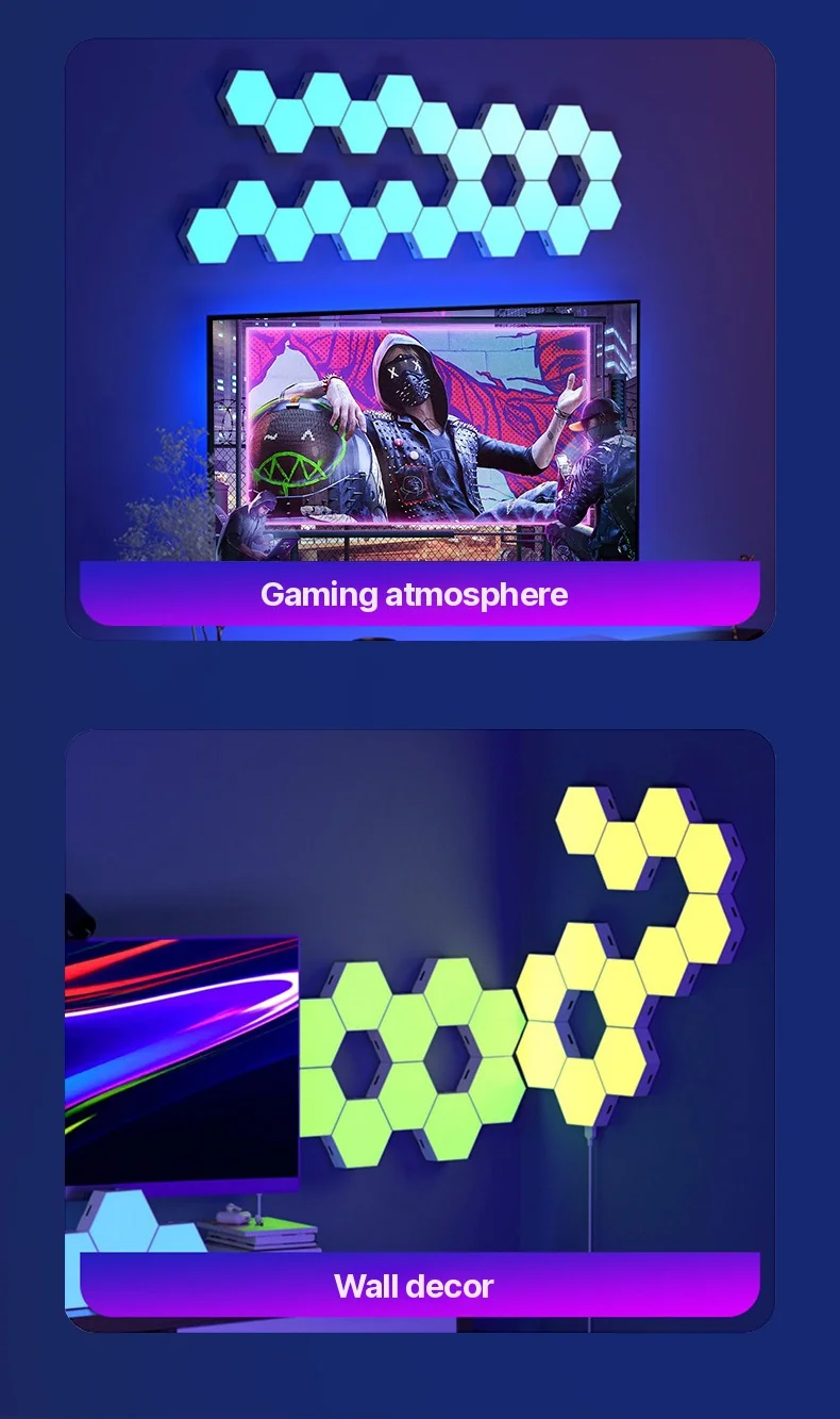 RGB hexagonálne svetelné panely reagujúce na zvuk s ovládaním cez aplikáciu