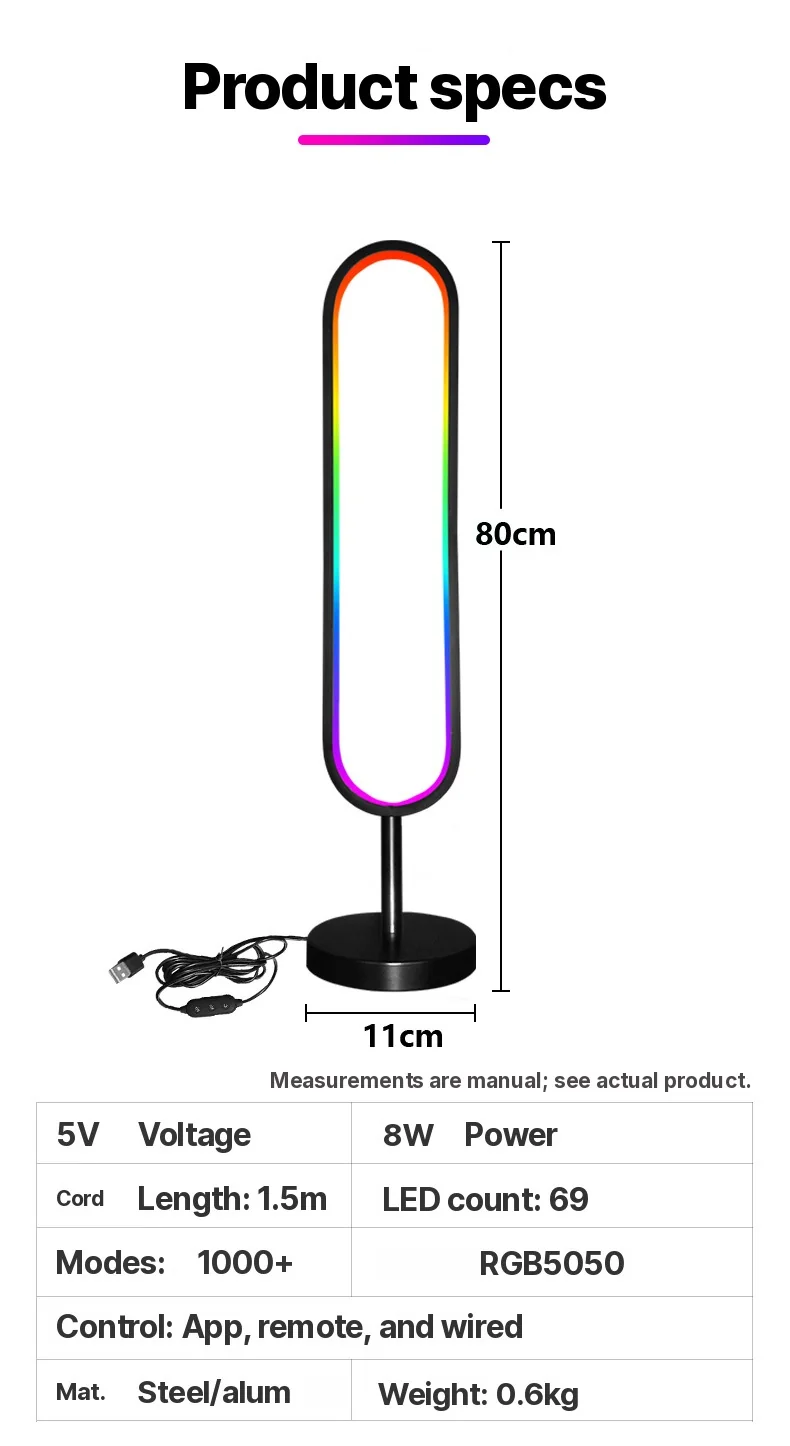 U-образный напольный RGB-светильник с реакцией на звук и управлением через приложение