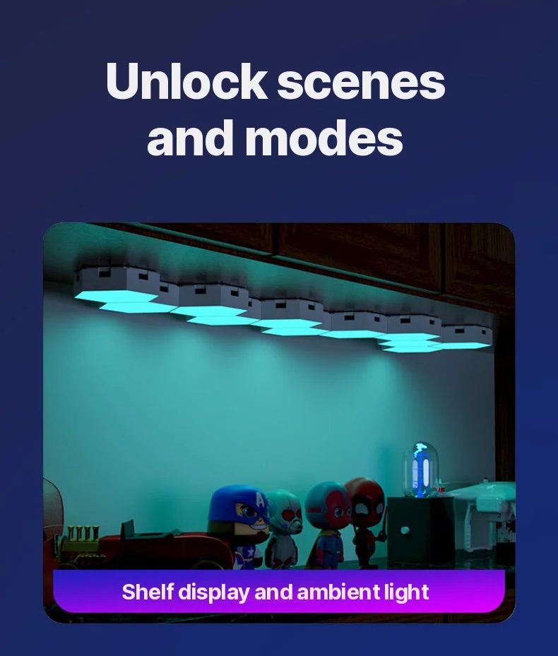 RGB hexagonálne svetelné panely reagujúce na zvuk s ovládaním cez aplikáciu