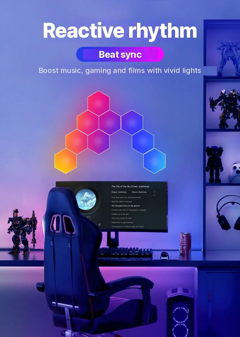 RGB hexagonálne svetelné panely reagujúce na zvuk s ovládaním cez aplikáciu