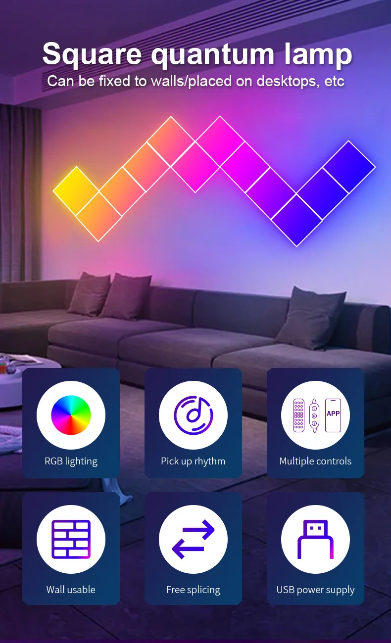 Kwadratowe panele świetlne RGB z synchronizacją muzyki, montaż na ścianie