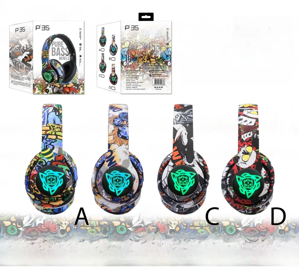 Graffiti Over-Ear Wireless Headphones with FM Radio and TF Card Slot