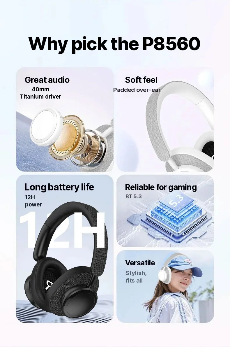 Wireless Bluetooth Over-Ear Headphones with Fabric Finish and Long Battery Life