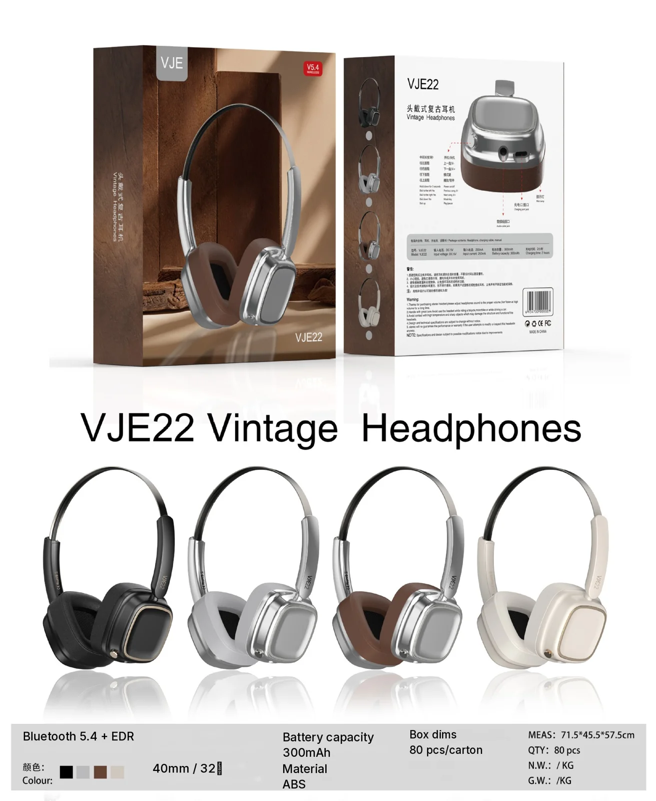 Retro over-ear trådløse hovedtelefoner Bluetooth 5.4 Stereo Bas