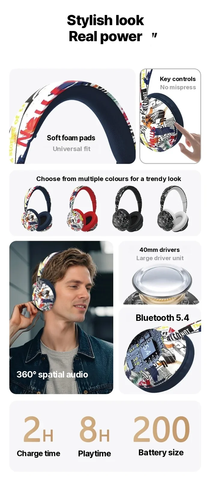 Fon Telinga Tanpa Wayar Over-Ear dengan Bluetooth 5.4 & Slot Kad TF